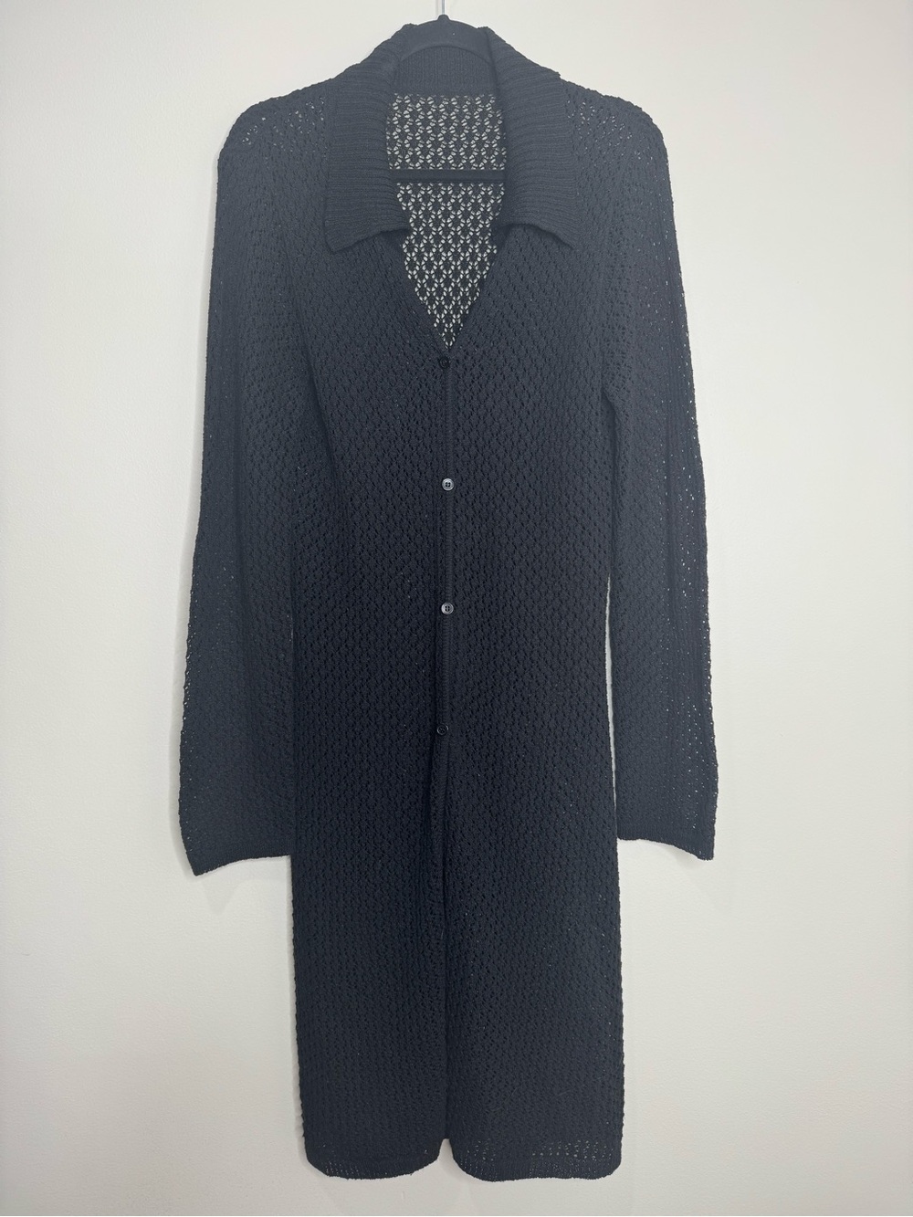 Black Open Knit‎ Collared Longline Button Front Crocheted Cardigan Sweater